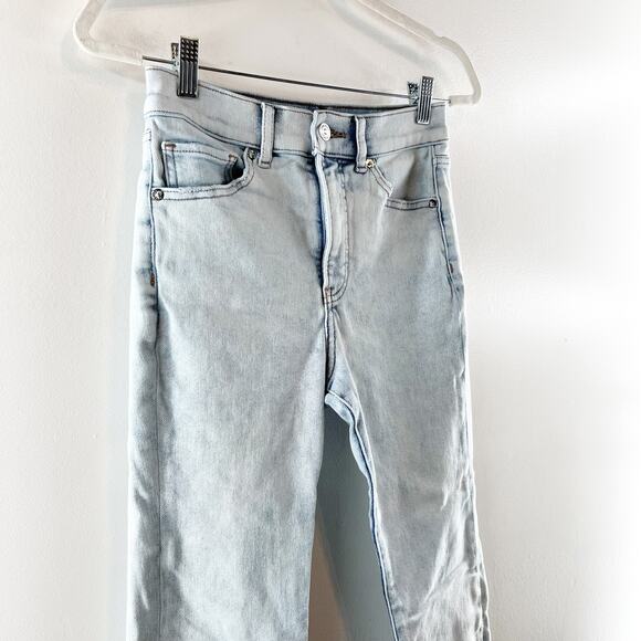 Express High Rise Cropped Flare Raw Hem Light Wash Jeans Blue 4 - Picture 11 of 11